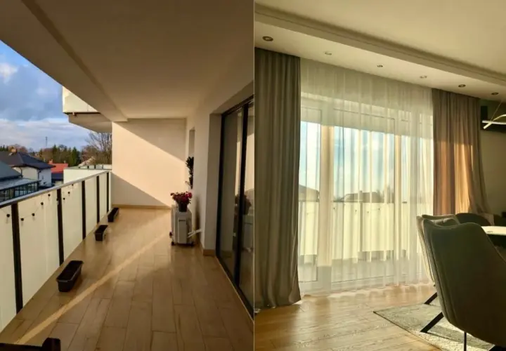 Dwa ujęcia: balkon z widokiem na domy i wnętrze z zasłonami i krzesłami.