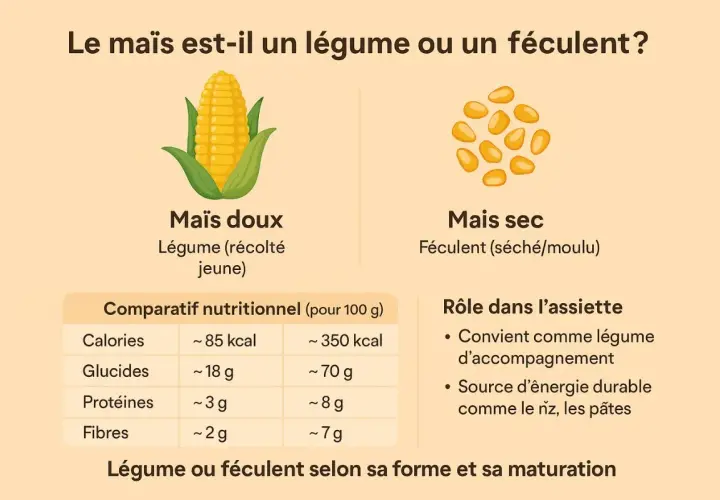 Le maïs est-il une céréale ? L'image compare le maïs doux (légume) et le maïs sec (féculent), montrant leurs rôles et valeurs nutritionnelles.