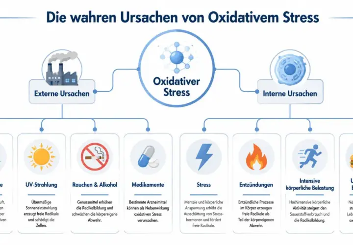 Ursachen von oxidativem Stress: Umweltgifte, UV-Strahlung, Rauchen, Medikamente, Stress, Entzündungen, intensive Belastung und ungesunde Ernährung.