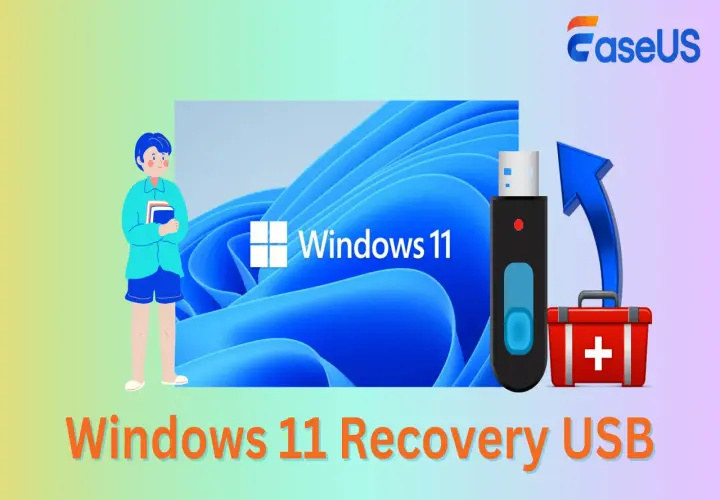 Ein Junge hält Bücher, daneben ein USB-Stick mit Windows 11 Logo und eine rote Erste-Hilfe-Tasche. Erstellung eines Windows 11 Recovery USB.