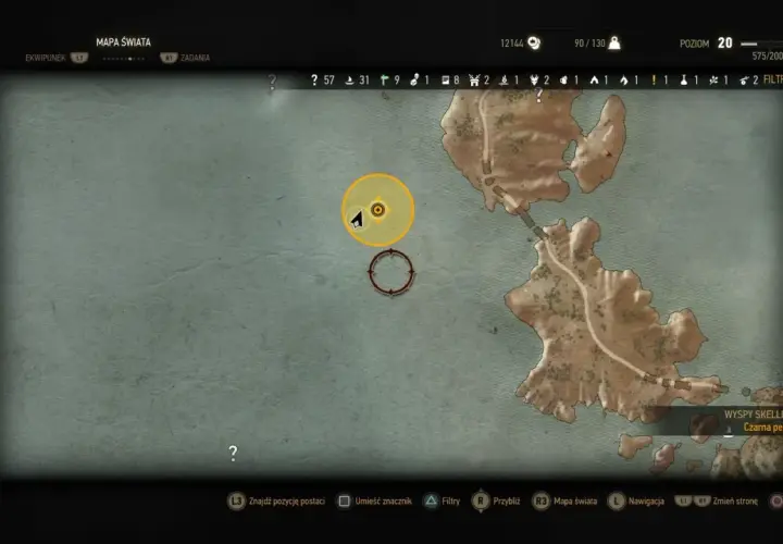 Mapa świata Wiedźmin 3. Wskazuje Wyspy Skellige, a konkretnie Czarną Perłę.
