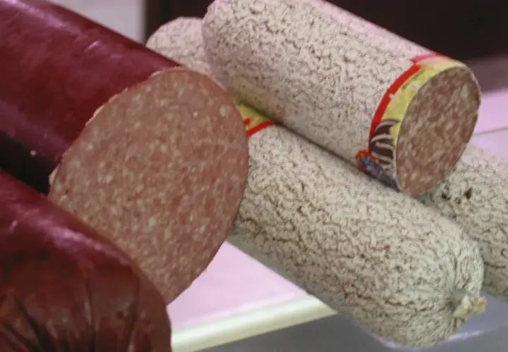 Kawałki ciemnej i jasnej salami, pokazujące z czego jest salami.