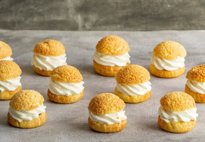 Douzaines de délicieux choux à la crème, garniture généreuse de crème fouettée, sur fond gris.
