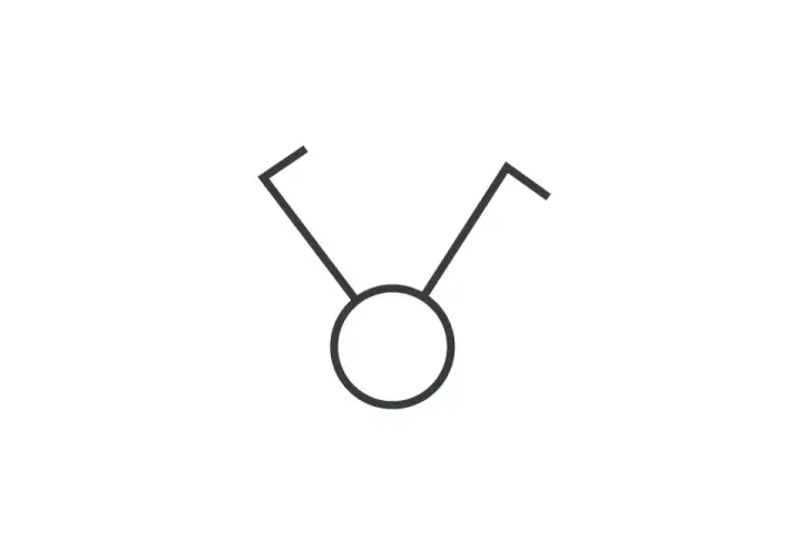 Symbol wyłącznika schodowego: okrąg z dwoma ramionami skierowanymi ku górze, przypominający literę "V" lub anteny.