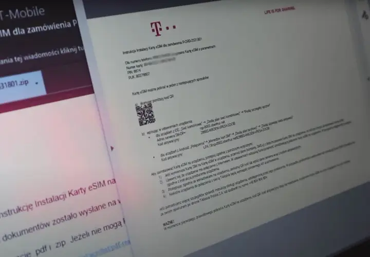 Instrukcja instalacji Karty eSIM T-Mobile. Skanuj kod QR lub wpisz dane serwera, by aktywować kartę.