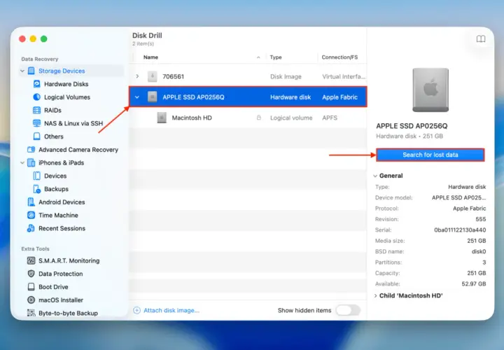 Jak znaleźć kosz w komputerze? Wybierz dysk "APPLE SSD AP0256Q" i kliknij "Search for lost data".