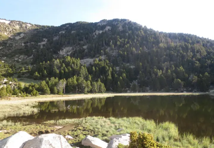 Paisaje sereno con un lago reflejando la montaña boscosa. El refugi de Malniu se esconde entre los árboles, invitando a la aventura.