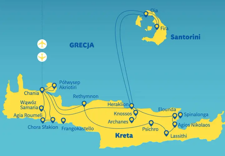 Mapa Grecji z zaznaczoną Kretą i Santorini. Trasy lotnicze łączą Kretę z Santorini, idealne na wycieczkę z krety na santorini.