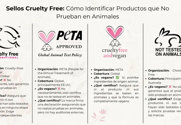 Sellos Cruelty Free: Conoce las marcas que no prueban en animales. Incluye logos de Cruelty Free International, PETA, Crueltyfree andvegan y Not Tested on Animals.