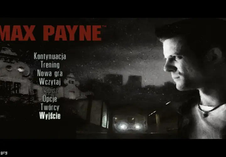 Menu gry Max Payne 2 z opcjami: Kontynuacja, Trening, Nowa gra, Wczytaj, Zapisz, Opcje, Twórcy, Wyjście. W tle Max Payne i mroczne miasto. Spolszczenie gry.