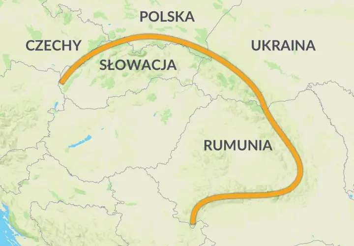 Mapa Europy Środkowej z zaznaczonym łukiem Karpat, biegnącym przez Czechy, Słowację, Polskę, Ukrainę i Rumunię.