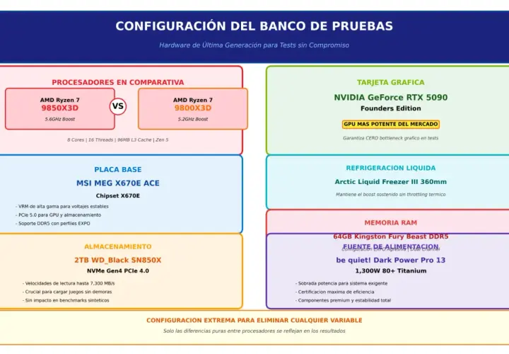 Configuración de PC: AMD Ryzen 7 9850X3D, RTX 5090, 64GB RAM, SSD NVMe. Ideal para tests sin compromisos.
