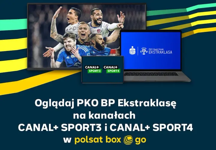 Piłkarze na ekranie telewizora i laptopa, z logo PKO BP Ekstraklasa i kanałów Canal+.