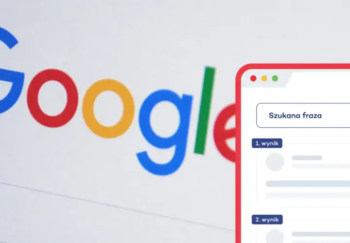 Google logo obok okna wyszukiwania z polem "Szukana fraza" i wynikami. Dążysz do darmowe pozycjonowanie stron?