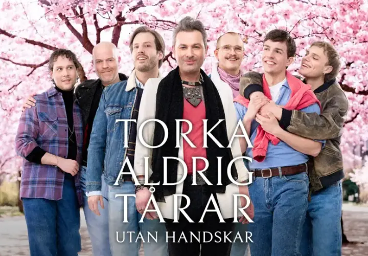 Sju män i en park med blommande körsbärsträd. Texten "Torka aldrig tårar utan handskar musikal" syns.