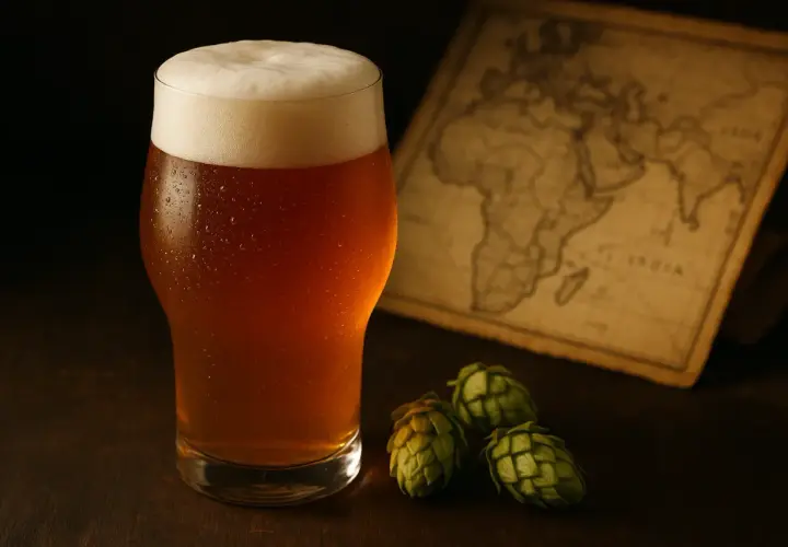 Verre de bière ambrée, houblons et carte ancienne. L'IPA, signification d'une bière aux arômes audacieux.
