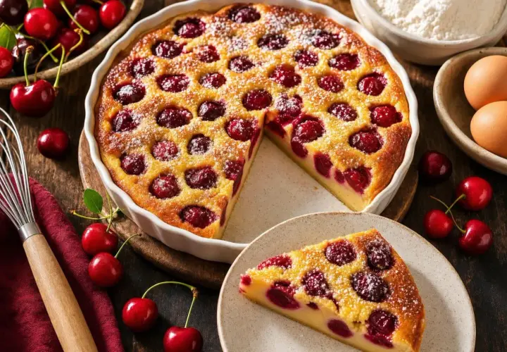 Un délicieux clafoutis aux cerises congelées, saupoudré de sucre glace, avec une part servie sur une assiette.