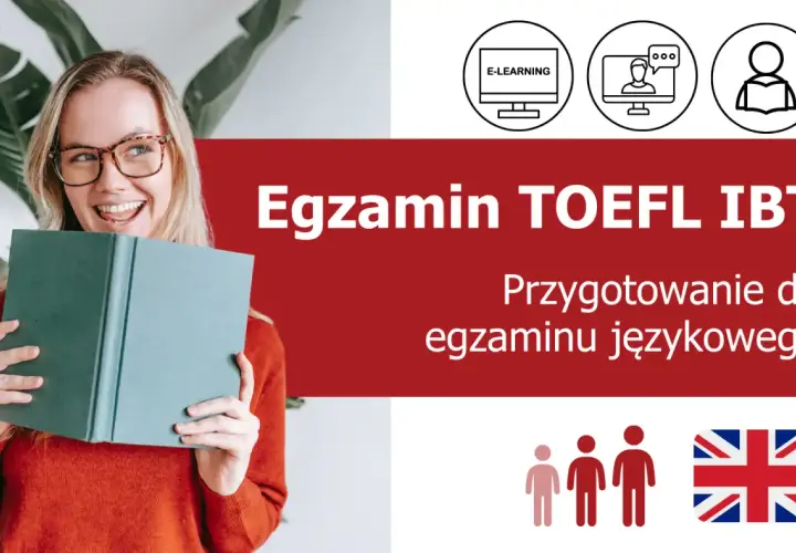 Uśmiechnięta dziewczyna z książką, przygotowująca się do egzaminu TOEFL iBT. Ikony symbolizują e-learning i naukę.