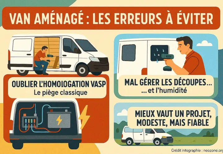 Conseils pour aménager un van : éviter l'oubli d'homologation VASP, mal gérer les découpes et l'humidité. Un projet modeste mais fiable est préférable.