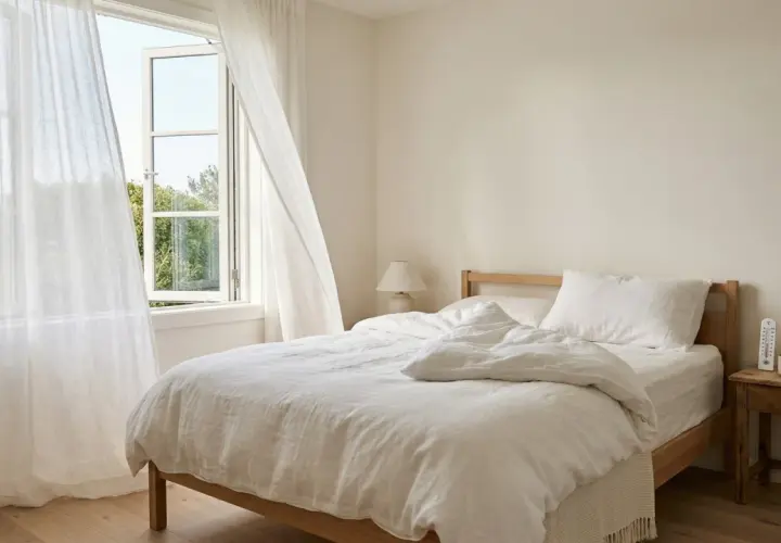 Ein helles Schlafzimmer mit einem offenen Fenster und weißen Vorhängen. Ein Thermometer auf dem Nachttisch zeigt die ideale Temperatur, bei welcher Temperatur sollte man schlafen.