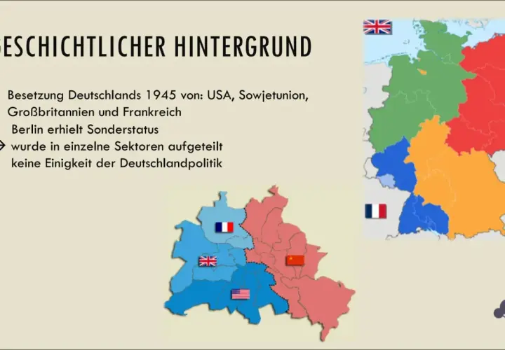 Deutschland nach 1945: Aufteilung in Sektoren, Berlin mit Sonderstatus. Dies spiegelt die bipolare Welt und die Teilung Deutschlands wider.