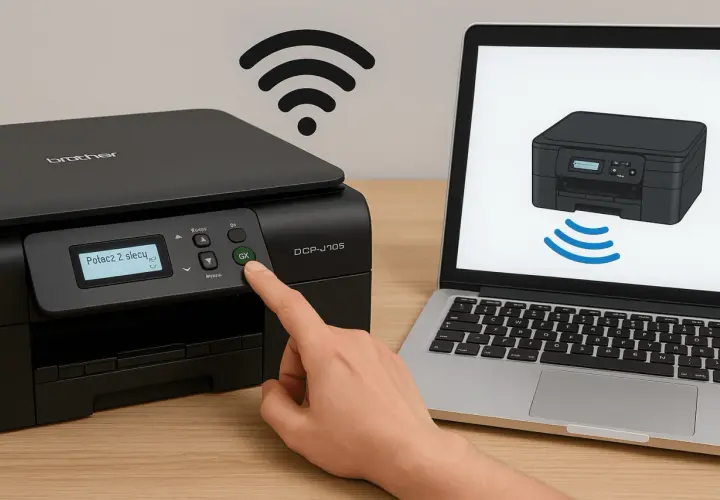 Ręka naciska przycisk na drukarce Brother, pokazując, jak znaleźć drukarkę w sieci Wi-Fi. Laptop obok wyświetla ikonę drukarki z falami Wi-Fi.