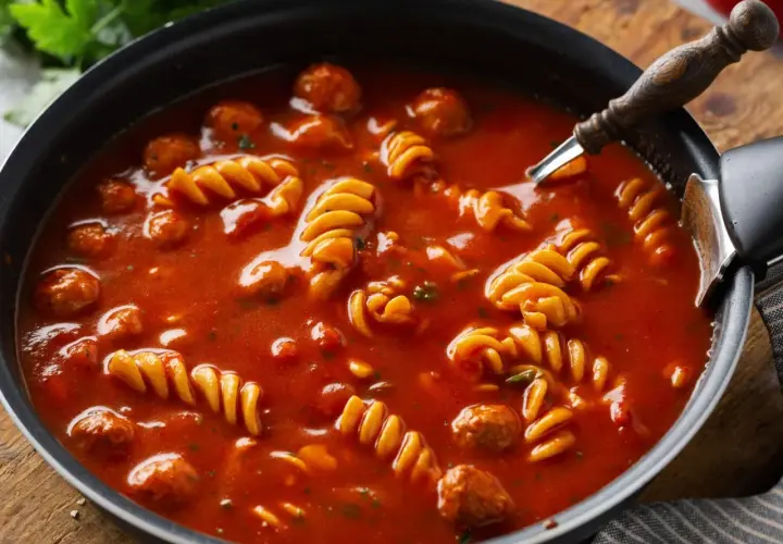 Gęsty, pomidorowy sos do potrawki z klopsikami i makaronem fusilli w czarnej patelni.