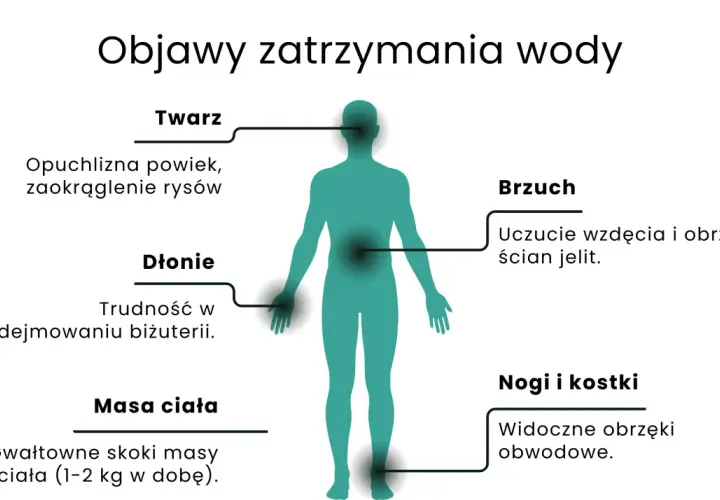 Ilustracja przedstawia sylwetkę człowieka z zaznaczonymi obszarami zatrzymania wody: twarz, dłonie, brzuch, nogi i kostki, oraz masa ciała.