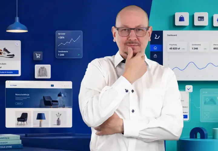 Mężczyzna w okularach zastanawia się nad danymi e-commerce. Widoczne są wykresy sprzedaży, zamówień i klientów, a także produkty. Paypo weryfikacja jest kluczowa dla analizy.