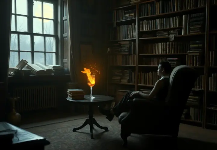 Mężczyzna w fotelu w bibliotece, obok płonący kieliszek. Sen o chorobie ojca, niepokój.