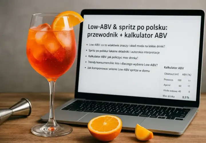 Aperol ma 11% alkoholu. Na ekranie laptopa widać kalkulator ABV, który pokazuje składniki drinków i ich procentową zawartość alkoholu.