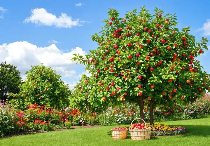 Un pommier chargé de fruits rouges. Combien de temps pour avoir des fruits ? Ce pommier semble prêt à être récolté.