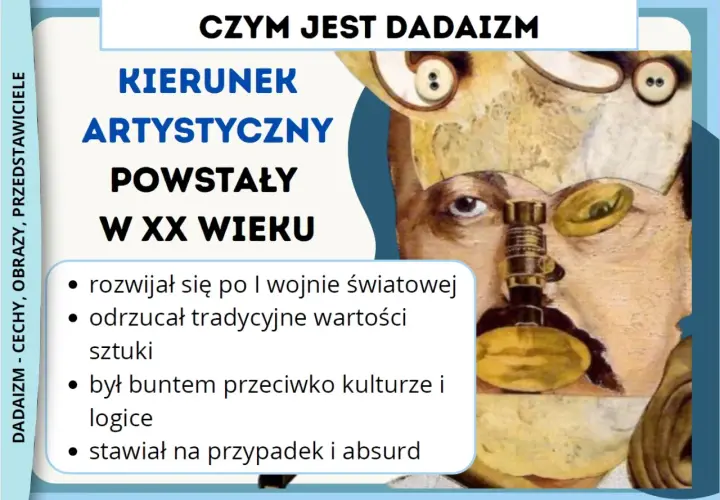 Dadaizm co to? Kierunek artystyczny XX wieku, bunt przeciw logice, stawiał na przypadek i absurd. Obraz przedstawia surrealistyczną twarz z elementami kolażu.