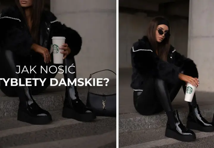Elegancka kobieta w czarnym futrze i skórzanych legginsach pokazuje, jak nosić sztyblety damskie. Stylizacja z torebką i kawą.