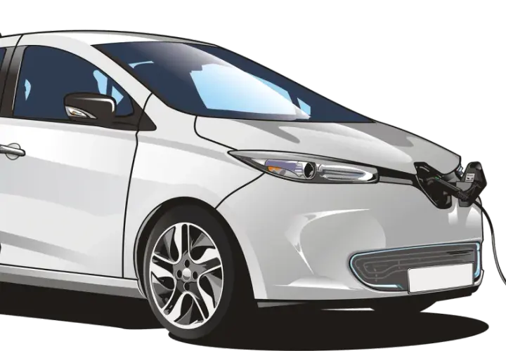 Un coche blanco moderno, uno de los coches eléctricos o híbridos, se está cargando en una estación verde.