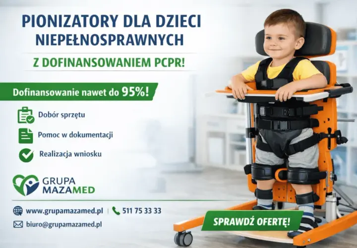 Uśmiechnięty chłopiec w pionizatorze. Oferujemy pionizatory dla niepełnosprawnych z dofinansowaniem do 95%!