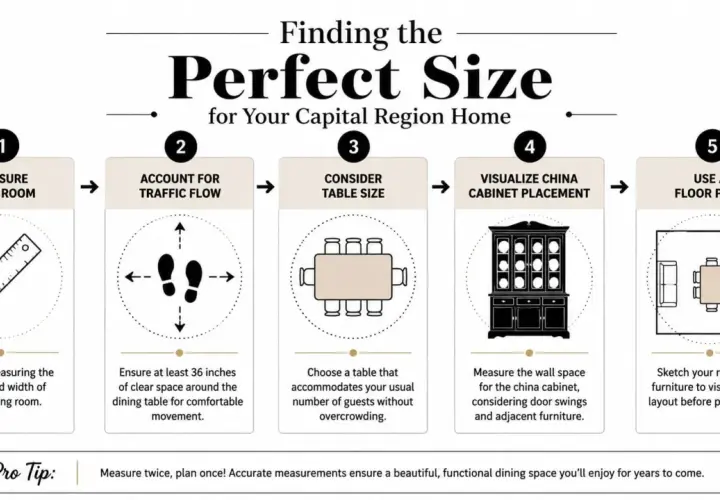 Infographic on finding the perfect size for dining room furniture, including steps like measuring, traffic flow, and considering table size.