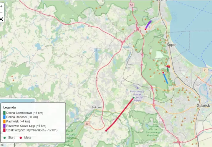 Mapa z zaznaczonymi trasami do biegania w okolicach Trójmiasta. Widać fragmenty Doliny Samborowo, Doliny Radości, Pachołka, Rezerwatu Kacze Łęgi i Szlaku Wzgórz Szymbarskich.