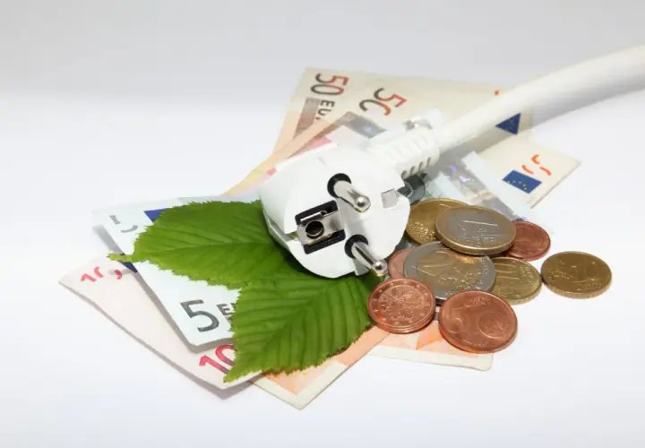 Wtyczka elektryczna na banknotach i monetach, symbolizująca dopłaty do prądu i koszty energii. Dwa zielone liście dodają ekologiczny akcent.