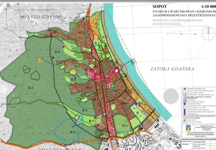 Plan zagospodarowania terenu dla Sopotu i okolic, uwzględniający kierunki rozwoju przestrzennego, z zaznaczonymi terenami zielonymi, zabudową i infrastrukturą.