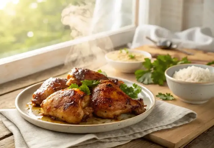 Délicieux poulet fumé, prêt à être dégusté. Une recette simple pour un plat savoureux, accompagné de riz et de persil frais.