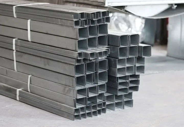 Stosy profili aluminiowych, różne rodzaje profili aluminiowych gotowe do użycia w budownictwie.
