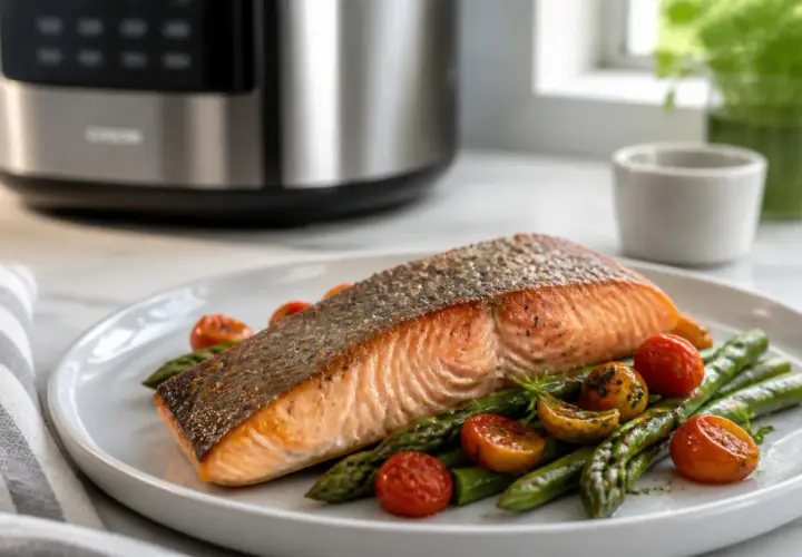 Un délicieux saumon au air fryer, servi avec des asperges et des tomates cerises. Un repas sain et savoureux.