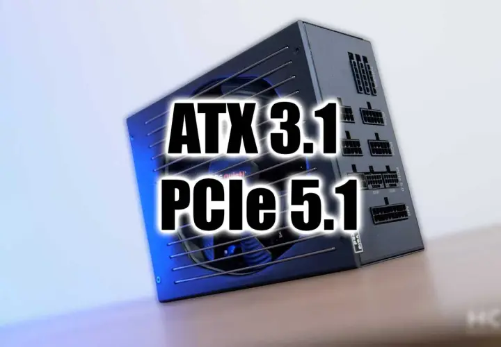 Alimentation PC noire avec texte "ATX 3.1 PCIe 5.1" superposé.