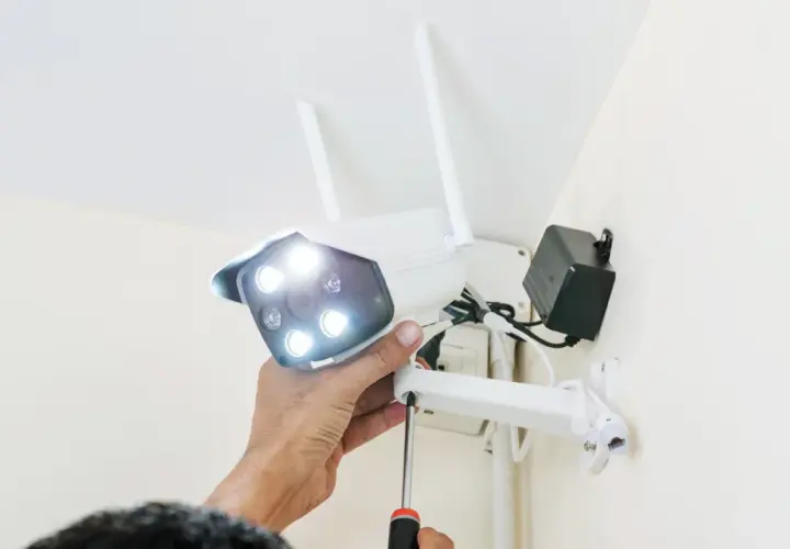 Montaż kamery, która działa tylko na wifi. Ręka przykręca śrubę mocującą urządzenie do ściany.