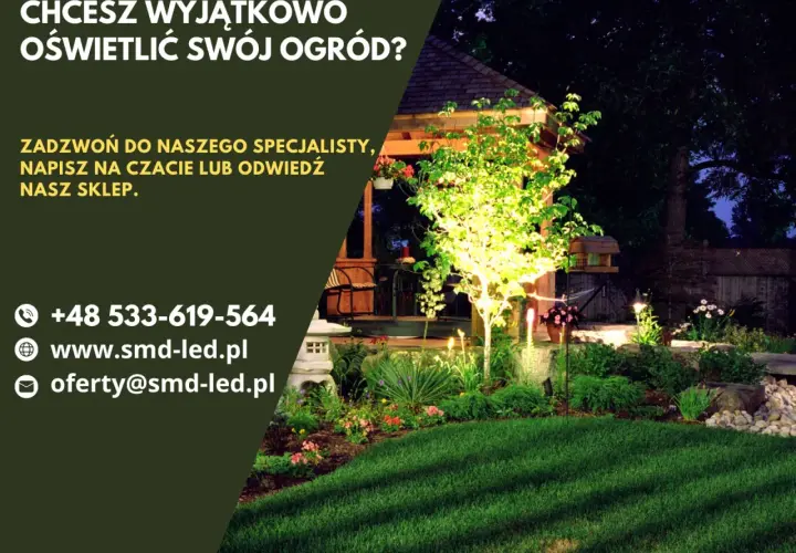 Pięknie oświetlony ogród nocą. Szukasz idealnej lampy do oświetlenia podwórka? Skontaktuj się z nami!