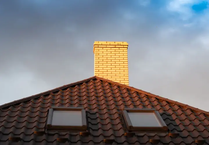Jasna rura kominowa ceramiczna na ciemnym dachu z dachówkami, pod niebo z chmurami.