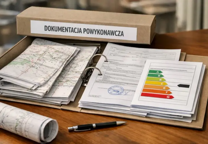 Segregator z dokumentacją powykonawczą zawiera mapy, raporty i etykietę energetyczną.
