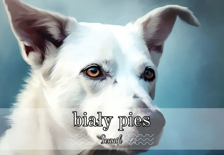 Portret białego psa o przenikliwych oczach, jak ze snu. Sny o psach często symbolizują wierność i ochronę.