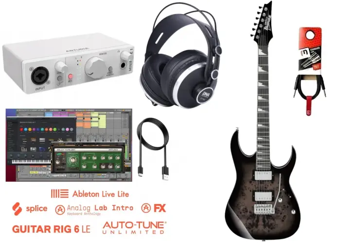 Gitara elektryczna, słuchawki, interfejs audio, kable i oprogramowanie muzyczne.
